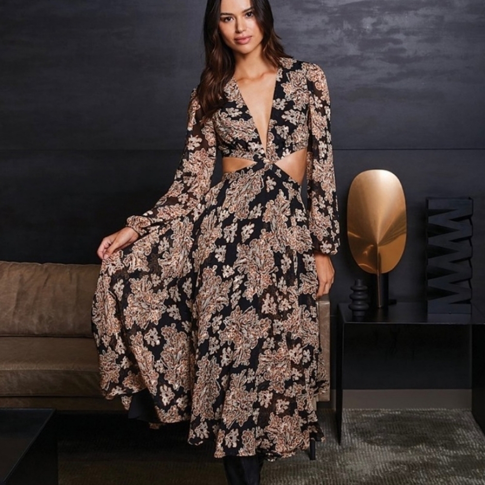 Gianni Bini Marisol Jacquard Cut-Out Long Sleeve V-Neck Dress Size 2